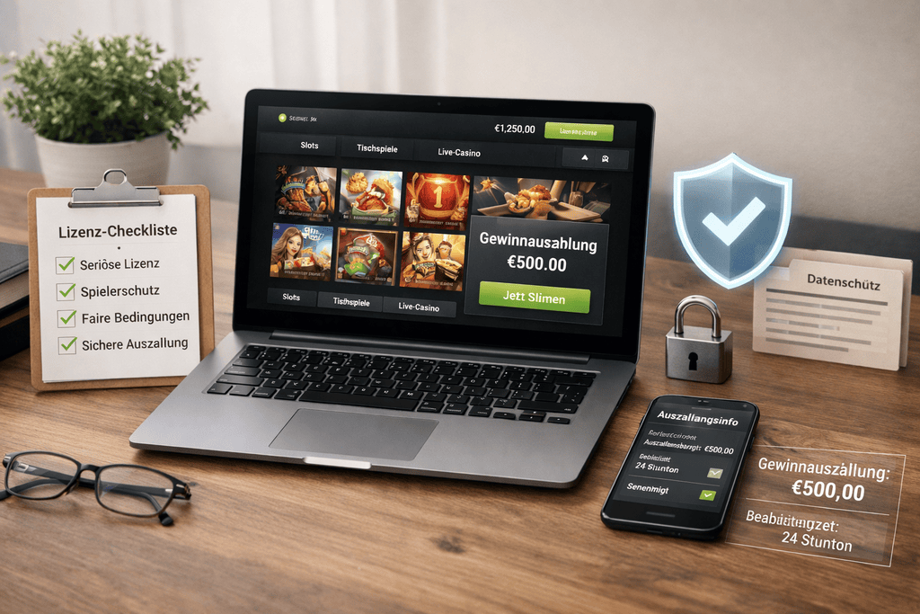 Realistisches Hero-Bild im 16:9-Format zeigt einen modernen Schreibtisch mit Laptop, Smartphone und seriöser Casino-Oberfläche. Neben digitalen Symbolen für Sicherheit, Lizenz-Checkliste, Datenschutz und transparente Auszahlungsinformationen entsteht eine ruhige, vertrauenswürdige Atmosphäre. Dieses professionelle Editorial-Foto vermittelt Glaubwürdigkeit und hilft Lesern, seriöse Online Casino Echtgeld Angebote zu erkennen.