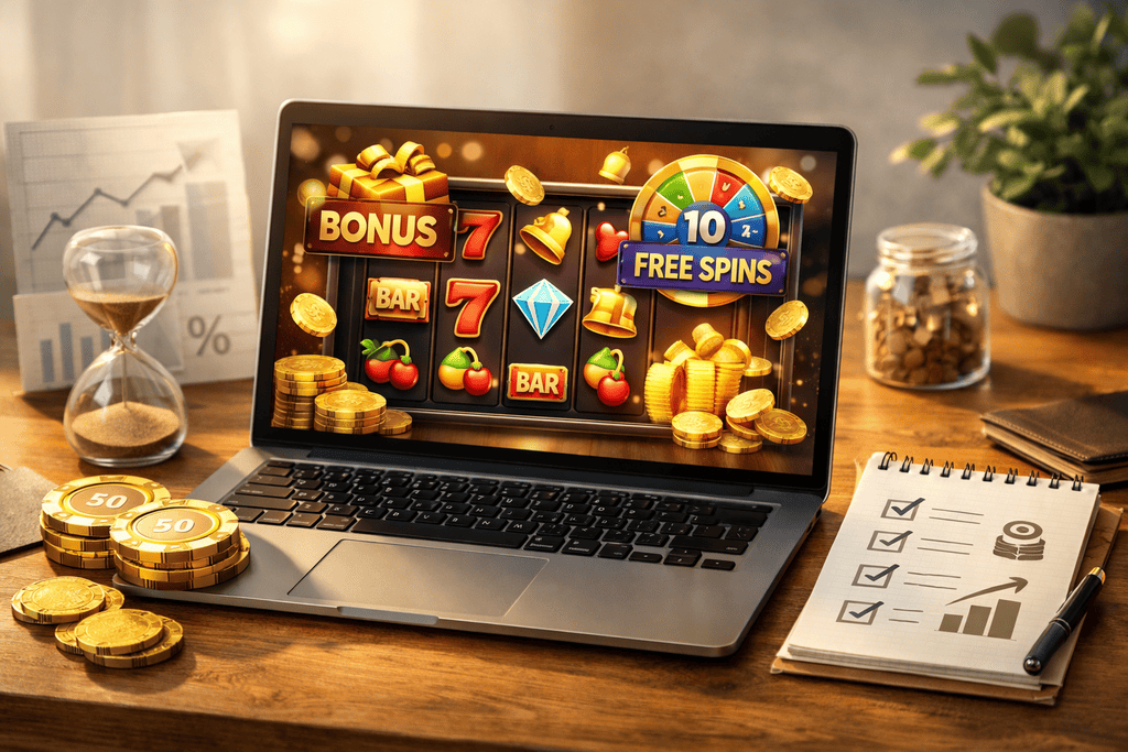 Realistisches 16:9 Hero-Image mit Laptop auf modernem Schreibtisch, darauf eine generische Casino-Oberfläche mit Slot-Symbolen, Bonus-Icons und Gratisrunden-Hinweisen. Goldene Chips, Münzen und ein Notizblock mit abstrakten Checklisten-Symbolen liegen daneben. Helles Licht, seriöser Lifestyle-Look, viel Freiraum für Text-Overlay, optimiert für Ratgeberartikel über Online Casino Echtgeld Freispiele ohne Einzahlung.