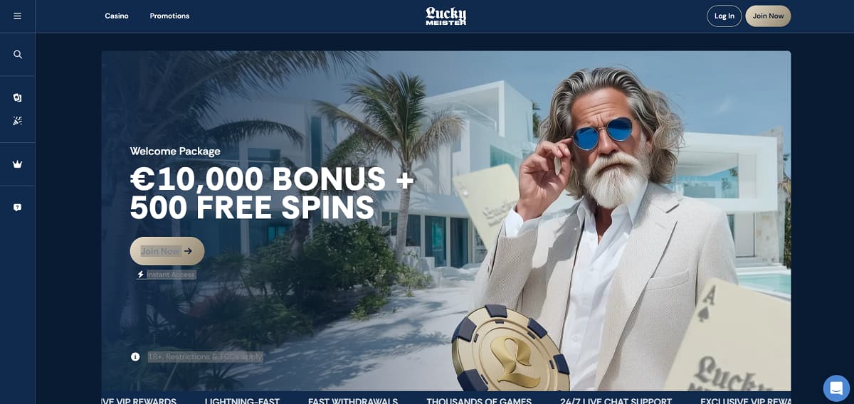 Luxuriöse Online-Casino-Webseite mit moderner Villa, Palmen und Pool im Hintergrund, beworbenes Willkommenspaket mit Bonus und Freispielen, stilvolle Darstellung für Casino ohne OASIS Spieler, die schnelle Auszahlungen und exklusive VIP-Belohnungen suchen.
